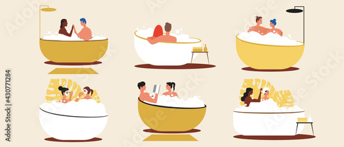 Diverse couples take a bath together, Flat vector stock illustration with Set of variable couples, LGBTQ or different ethnic group
