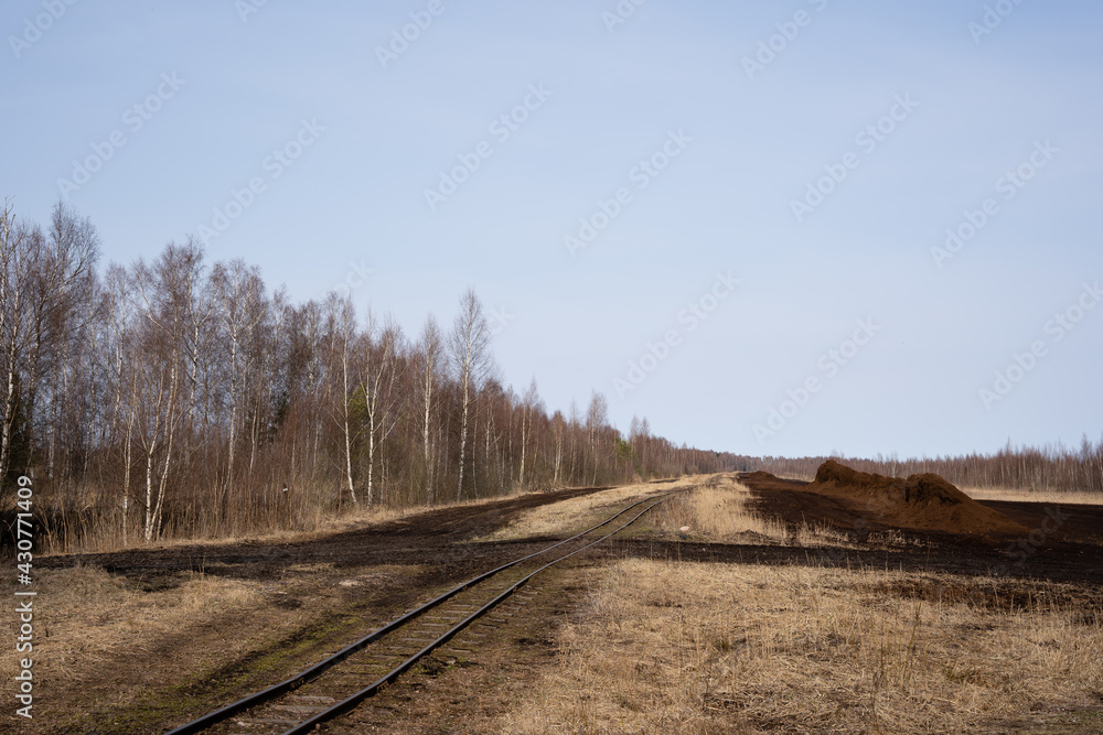 narrow gauge railway in a swamp where there are metal rails and concrete supports narrow gauge railway in a swamp where there are metal rails and concrete supports