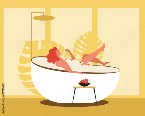 Woman having food in bubble bath, Flat vector stock illustration with Relax in bathroom at home