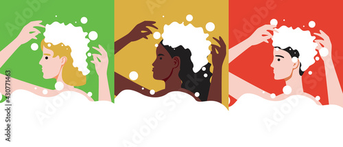 Women washing hair, copy space template, flat vector stock illustration with cosmetic spa care, body hygiene and beauty variations