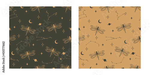 Dragonfly esoteric style seamless pattern. Flat vector design background
