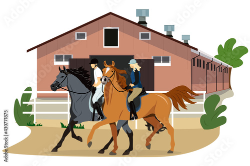 Vector illustration of equestrian sport in flat style. Stable. A man and a woman are riding horses. Realistic image. Horseback riding. Horse riding lessons