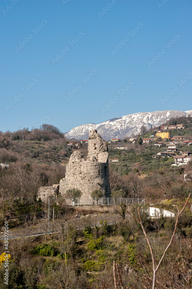 Cerreto Sannita, Benevento, Campania, Italy, Ruins of the medieval tower of ancient Cerreto. 