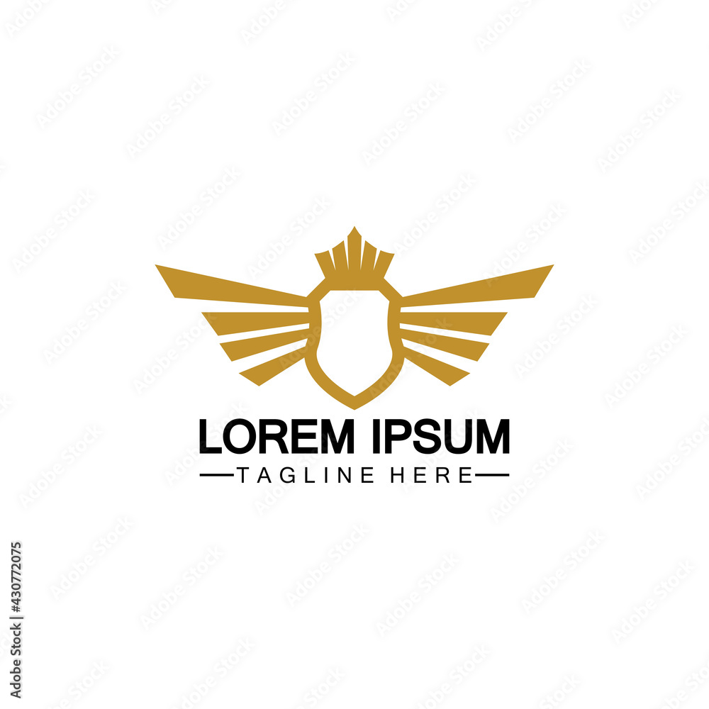 Obraz premium Golden winged shield with crown logo / heraldry symbol isolated white background