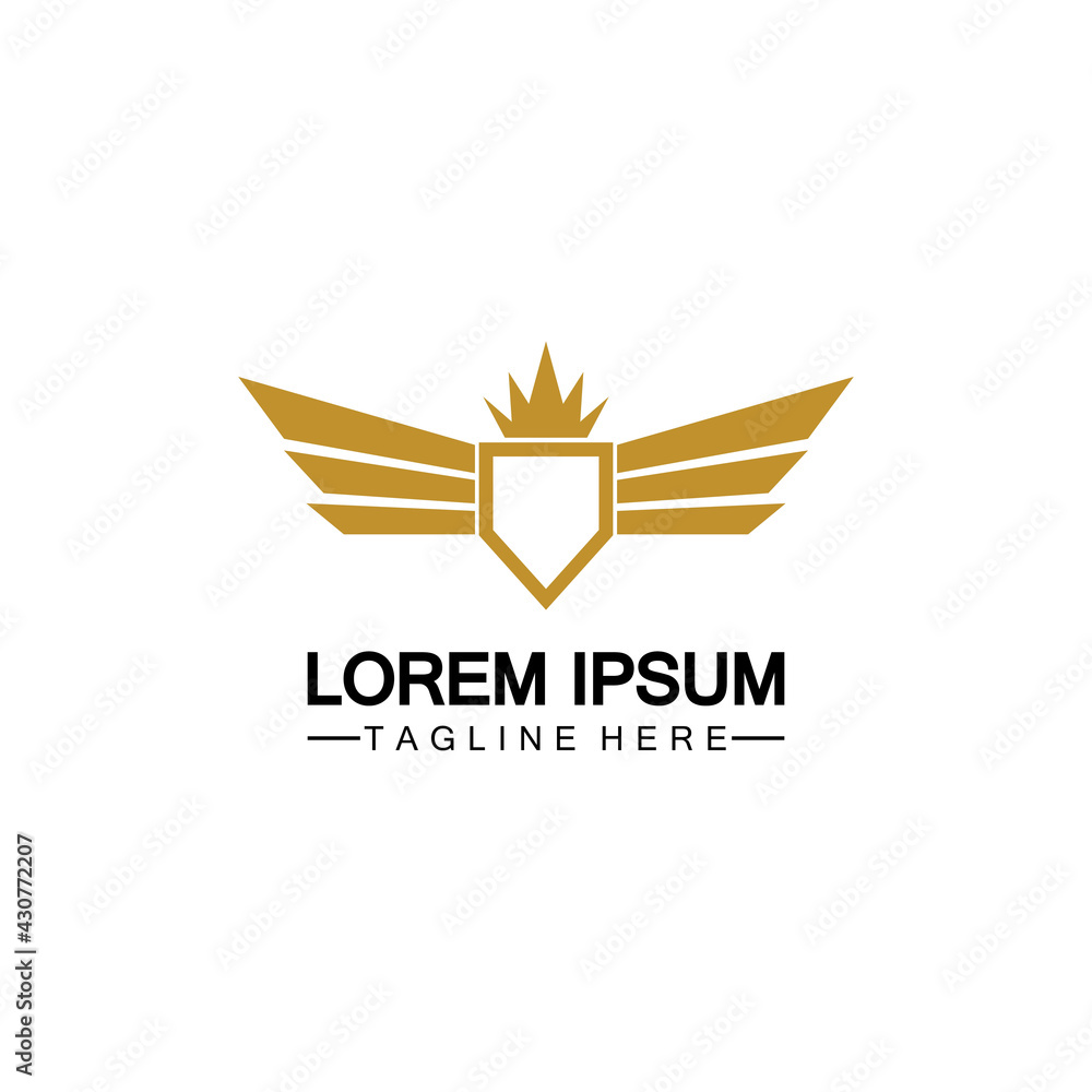 Obraz premium Golden winged shield with crown logo / heraldry symbol isolated white background