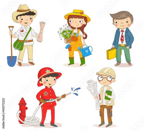 Set of children characters. Firefighter, gardener, businessman, archaeologist, engineer. Kids workers. Child professional.