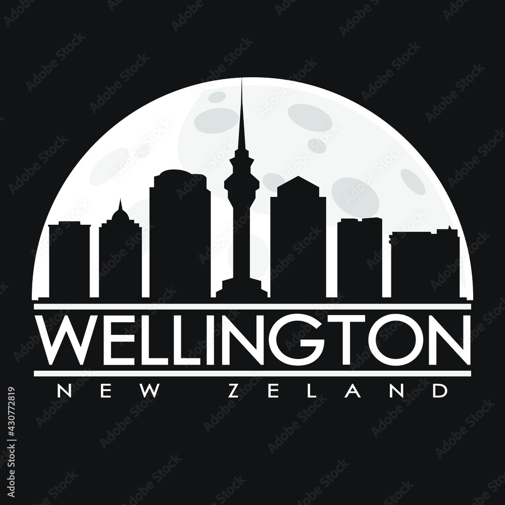 Wellington Full Moon Night Skyline Silhouette Design City Vector Art Background Illustration.