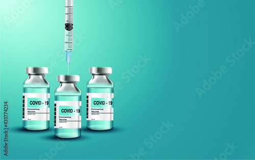 - COVID-19 vaccine vial, syringe and background background Coronavirus patient care concept realistic 3D illustration with copy space, vector EPS10.
