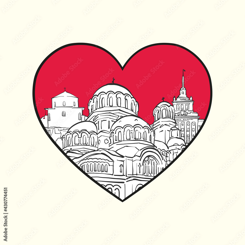 I love Sofia. Red heart and famous buildings