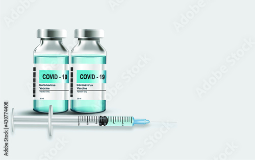 - COVID-19 vaccine vial, syringe and background background Coronavirus patient care concept realistic 3D illustration with copy space, vector EPS10.