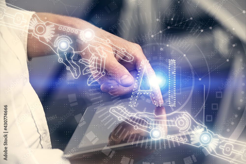 Double exposure of man's hand holding and using a digital device and data theme hologram drawing. Technology concept. Double exposure of man's hand holding and using a digital device and data theme hologram drawing. Technology concept.