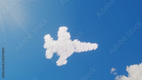 3d rendering of white clouds in shape of symbol of fighter jet on blue sky with sun