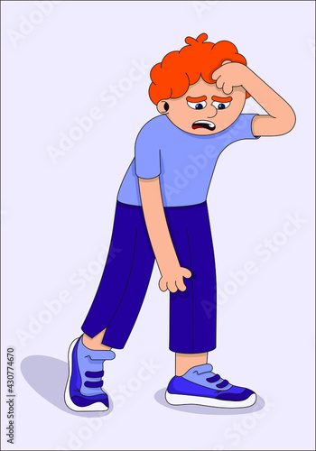 A flat vector illustration of a walking boy puzzled by his thoughts and situation. A character for illustrations, posters, and banners.