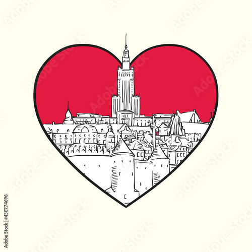 I love Warsaw. Red heart and famous buildings