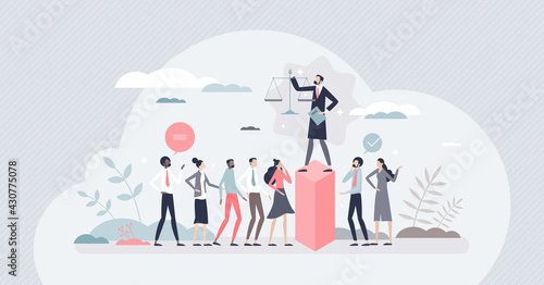Authority as governmental and political leadership power tiny person concept. Leader domination and control over community vector illustration. Fair, confident hierarchy with judgment and justice.