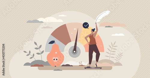 BMI body mass index measurement with normal weight result tiny person concept. Healthy overweight balance control with physical figure shape monitoring vector illustration. Meter arrow with fat chart.