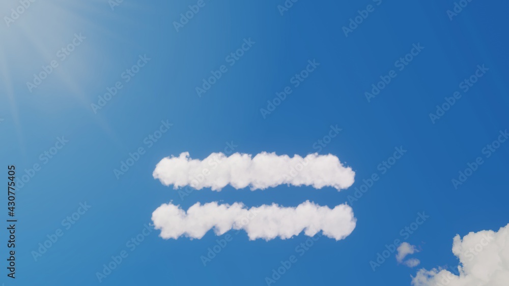 3d rendering of white clouds in shape of symbol of equal on blue sky with sun 3d rendering of white clouds in shape of symbol of equal on blue sky with sun