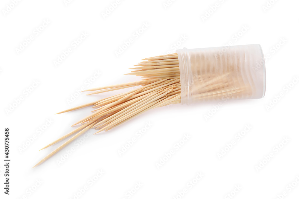 Holder with wooden toothpicks on white background Holder with wooden toothpicks on white background