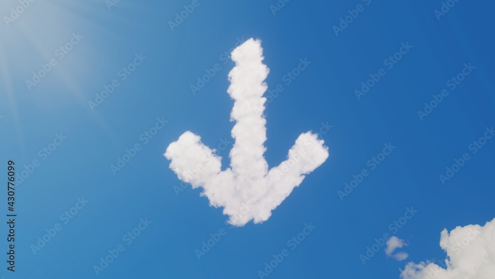 Naklejka premium 3d rendering of white clouds in shape of symbol of down arrow on blue sky with sun