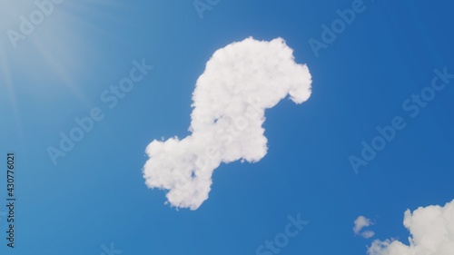 3d rendering of white clouds in shape of symbol of drumstick bite on blue sky with sun