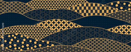 Traditional Asian patterns abstract background, gold on blue. Oriental, eastern style vector illustration. Design concept for Chinese New Year, Mid autumn festival elegant minimal card, poster, banner