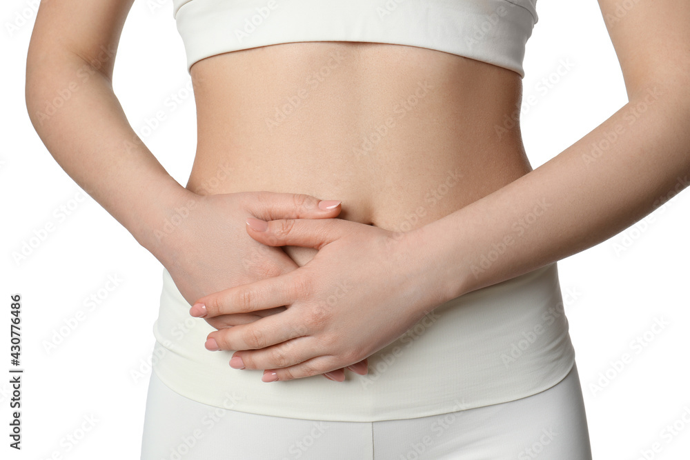 Woman suffering from pain in lower right abdomen on white background, closeup. Acute appendicitis Woman suffering from pain in lower right abdomen on white background, closeup. Acute appendicitis