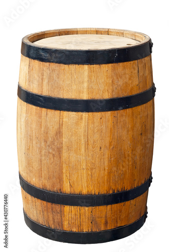 Wooden barrel isolated on a white background. Surface of oak barrel close up. Mockup for design.