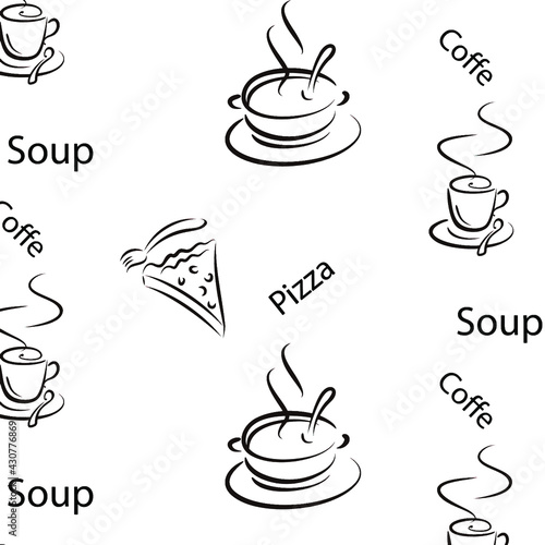 Black and white vector pattern. Background for the menu in the cafe . Hot food vans texture . Soup , coffee , pizza .