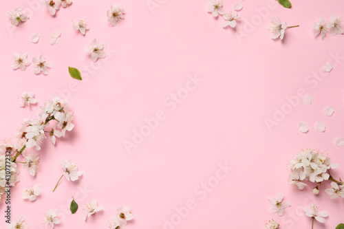 Frame of spring tree blossoms on pink background, flat lay. Space for text © New Africa