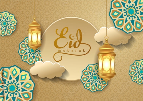 Eid Mubarak and Ramadan Kareem greetings. golden lantern hanging and round patterns golden background .vector illustration design	