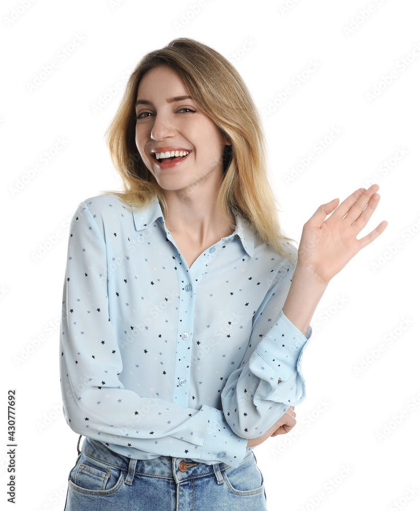 Cheerful young woman waving to say hello on white background Cheerful young woman waving to say hello on white background
