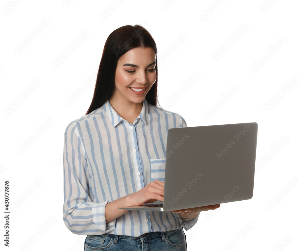 Young woman with modern laptop on white background Young woman with modern laptop on white background