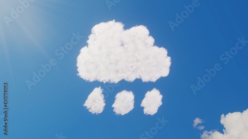 3d rendering of white clouds in shape of symbol of rain cloud on blue sky with sun