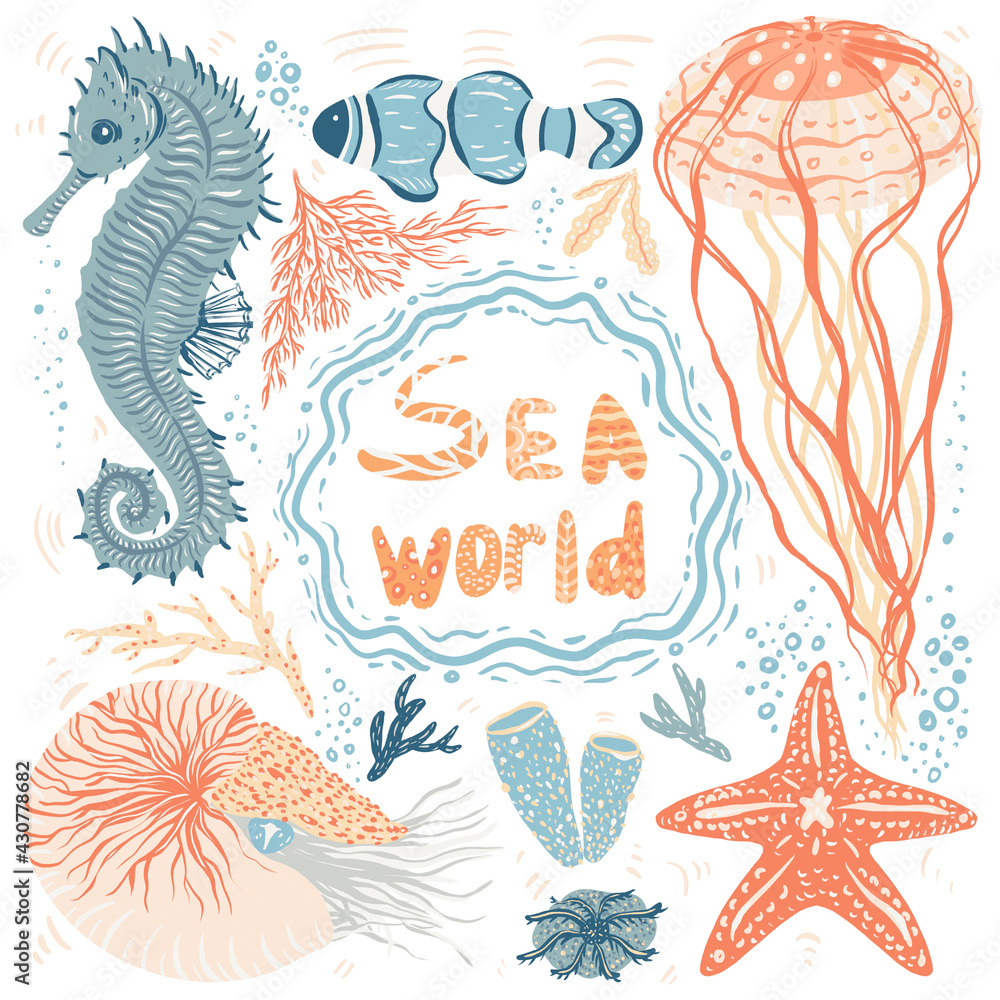 Cartoon marine animals and plants in doodle style. Funny underwater world set 