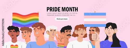 Diverse group of people or crowd holding posters, placards, symbols, signs and transgender flags and lgbt rainbows, gay parade, pride month or parade banner, poster. Human rights and equality.