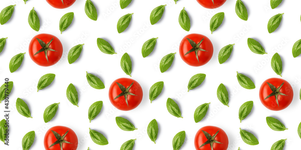 Food pattern background - tomatoes, basil leaves Food pattern background - tomatoes, basil leaves