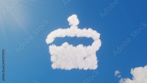 3d rendering of white clouds in shape of symbol of birthday cake on blue sky with sun