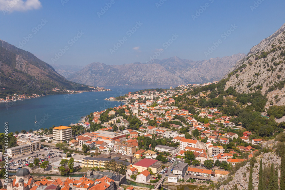 View of the city of Kotor from a high point on a sunny summer day. Montenegro 
