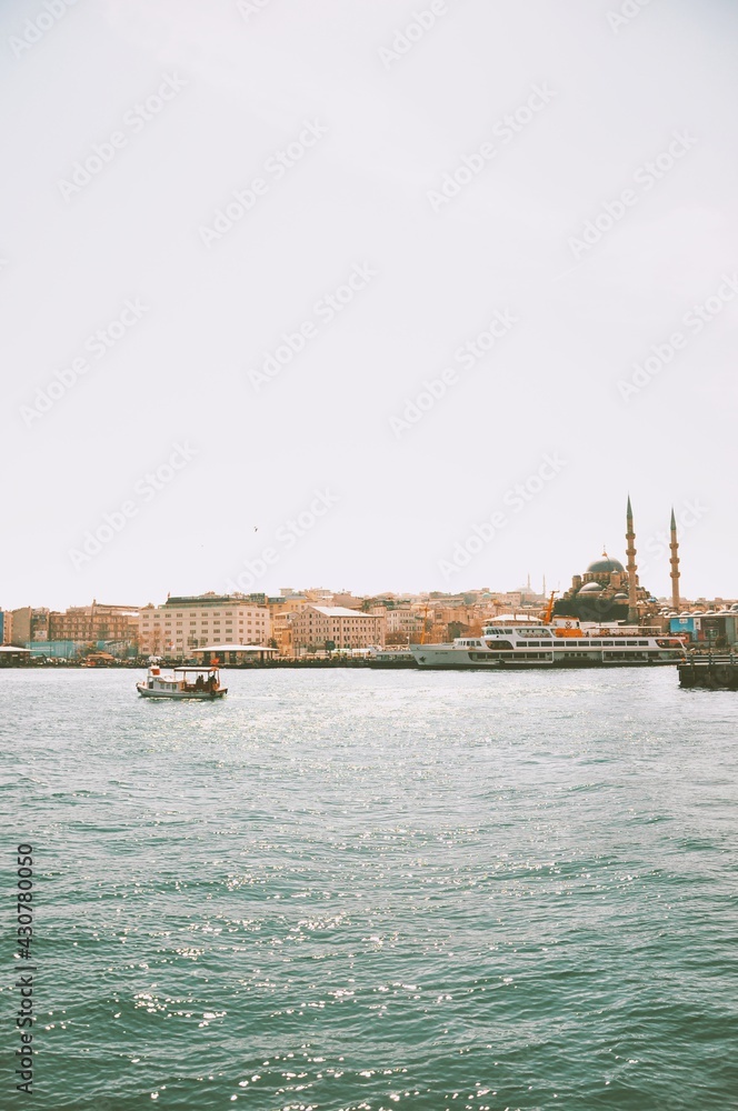 Panoramic coastline view with ship sailing in Marmara sea (Istanbul, Turkey)