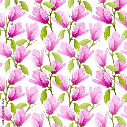blooming magnolia floral seamless pattern.Watercolor magnolia flowers