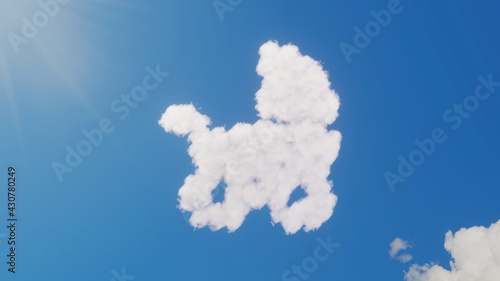 3d rendering of white clouds in shape of symbol of baby stroller on blue sky with sun