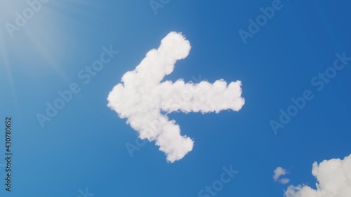 3d rendering of white clouds in shape of symbol of arrow left on blue sky with sun