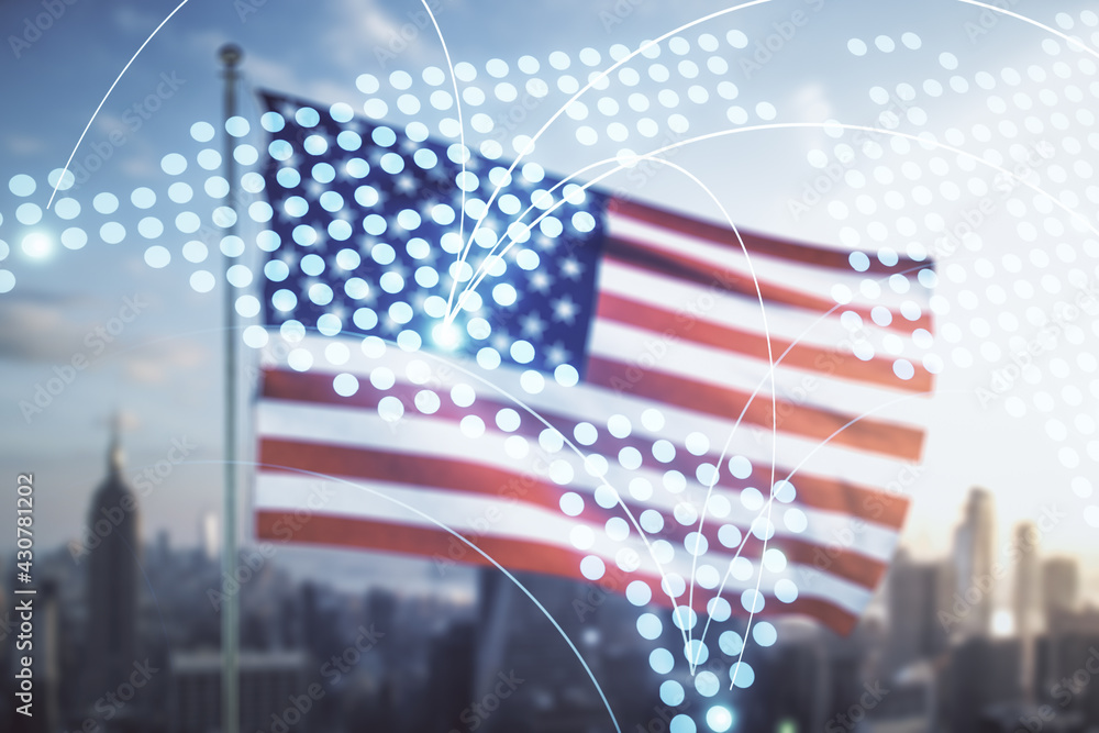 Double exposure of abstract digital world map hologram with connections on US flag and city background, big data and blockchain concept