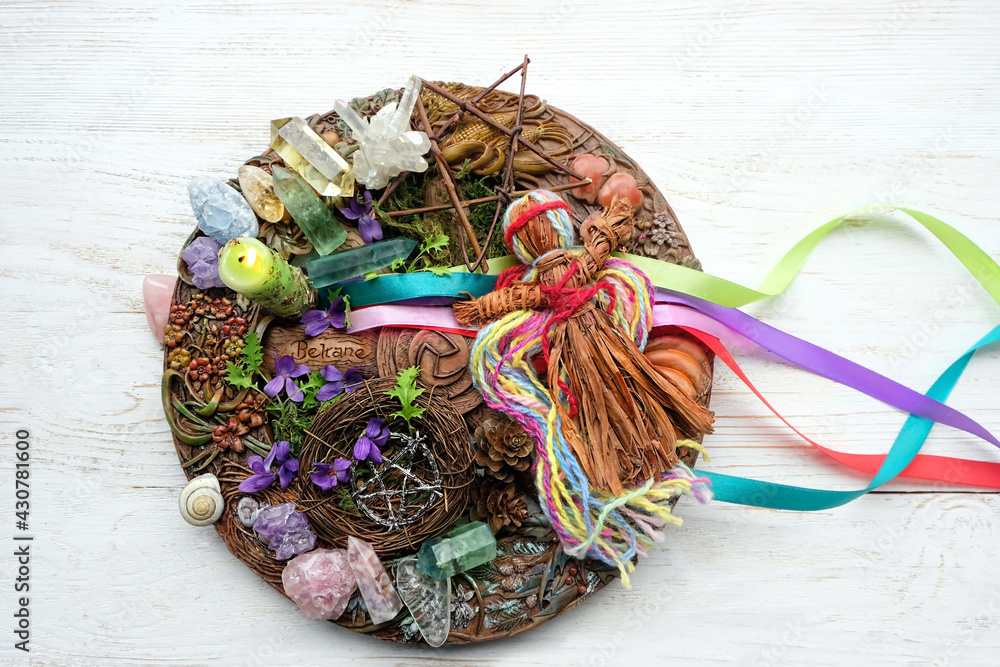Great Rite Wiccan altar for Beltane sabbath. spring pagan festive ritual. wheel of ...