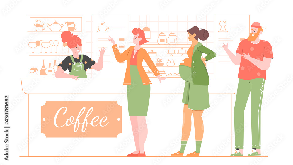 Obraz premium Queue of people in the coffee shop. Businesswoman, man and pregnant woman. Lunch break. A cute barista girl welcomes the guests of the cafe. Vector flat illustration.