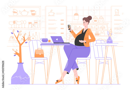 Pregnant girl works at a laptop in a coffeehouse. Online video meeting from a smartphone. Independent mother-to-be, manager, freelancer. Distant work. Vector flat illustration.