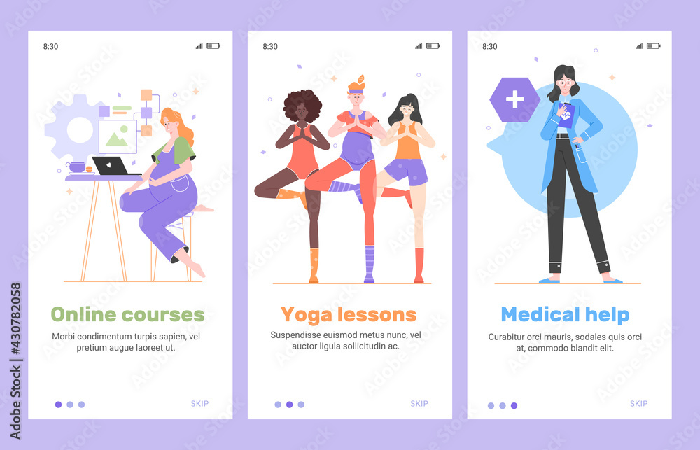 Service for communication of expectant mothers. Online courses, yoga lessons, online medical assistance. Community of pregnant women, social network. Vector flat illustration. Service for communication of expectant mothers. Online courses, yoga lessons, online medical assistance. Community of pregnant women, social network. Vector flat illustration.