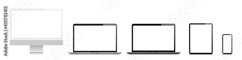 Device blank screen mockup. Realistic pc computer, laptop, tablet, mobile cellphone mock up. Vector isolated