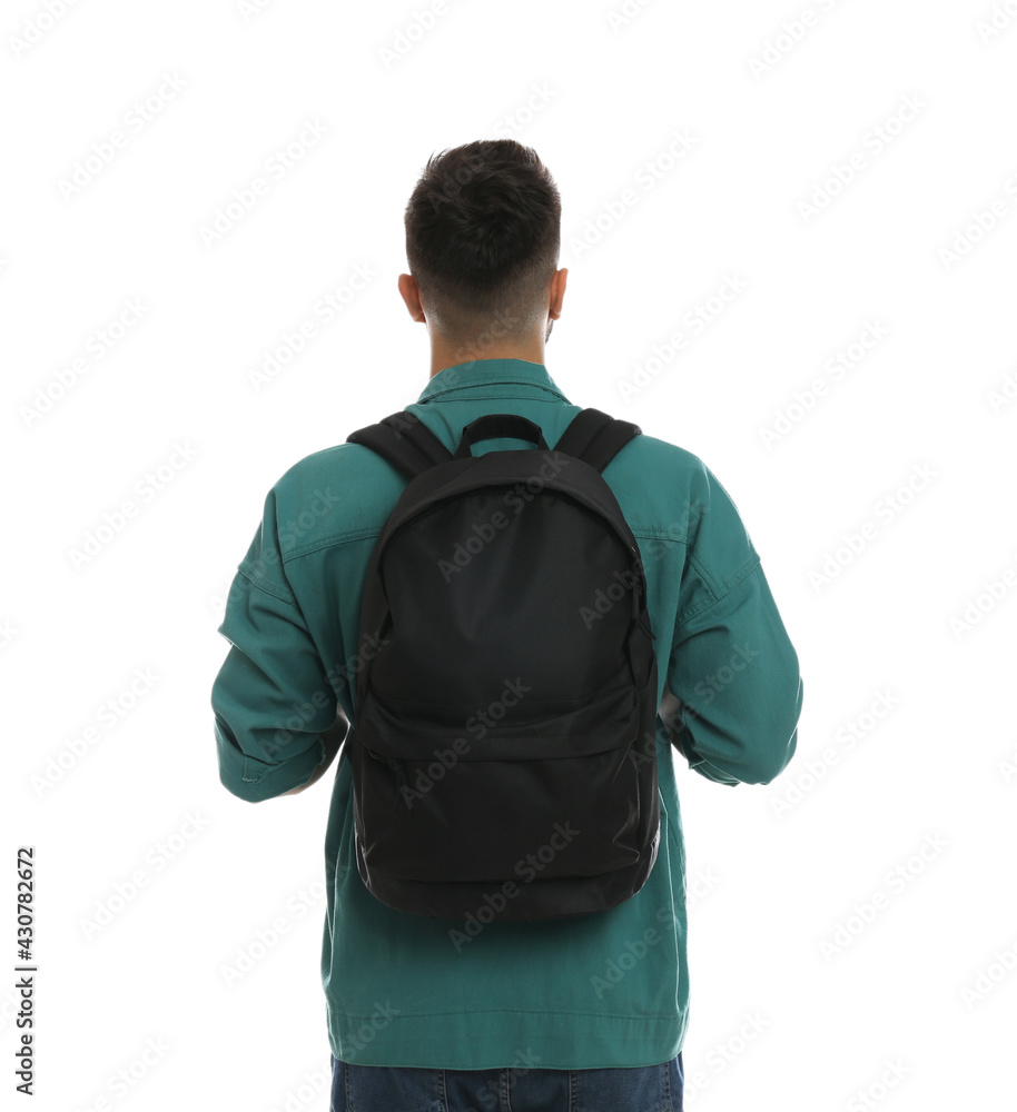 Young man with stylish backpack on white background, back view Young man with stylish backpack on white background, back view