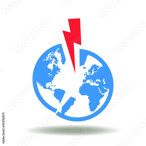 Lightning and broken earth planet vector illustration. Fake news symbol. Earth planet cracked icon. World damage sign. Ecology Environment Pollution Logo.